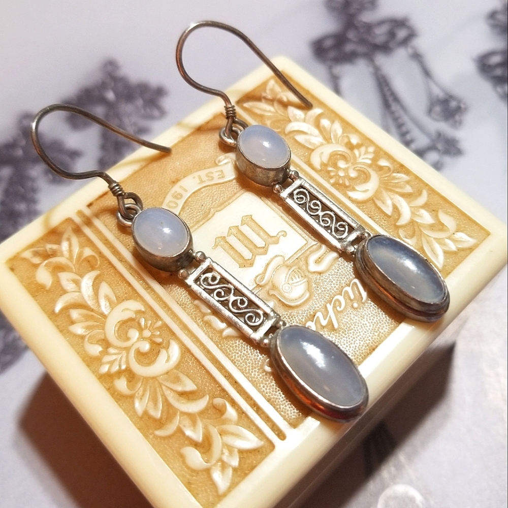 VTG Moonstone Long Sterling Silver Filigree Artisan Earrings - Picture 2 of 7